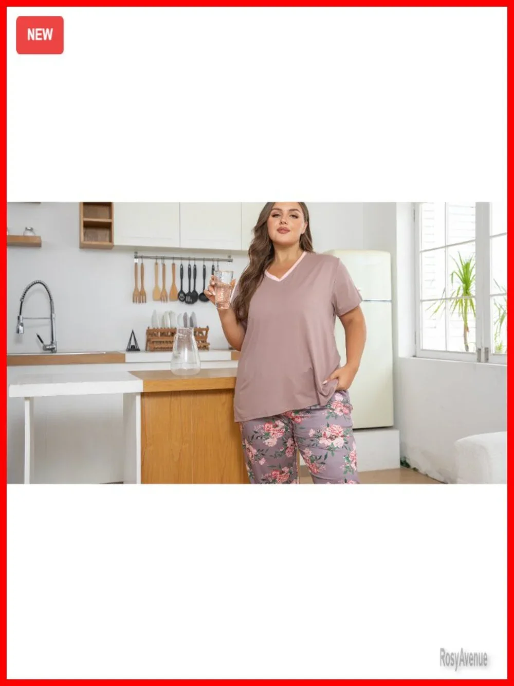 Plus Size Pajama Set Short Sleeve Long Pant V-Neck Two Pockets